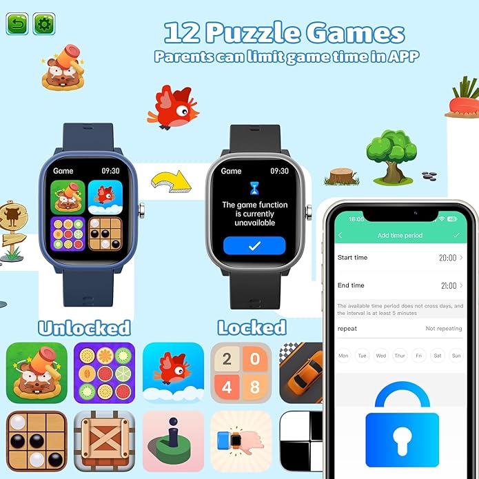 Smart Watch for Kids Girls Boys No APP/Phone Needed, 1.8" IP68 Waterproof Sport Kids Watch Pedometer, Heart Rate, Sleep Monitor, Step Counter, 12 Puzzle Games for Girls Boys Teens 6-16