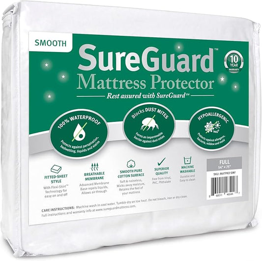 SureGuard Full Size Mattress Protector - 100% Waterproof, Hypoallergenic - Premium Fitted Cotton Cover - Smooth