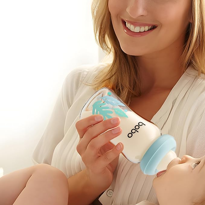YOHKOH Natural Glass Baby Bottle with Natural Response Nipple, Newborn Anti-Colic Baby Bottles, Wide Neck Mushroom Cap Baby Bottle, Clear ((5.4oz (Pack of 4), Blue-A)