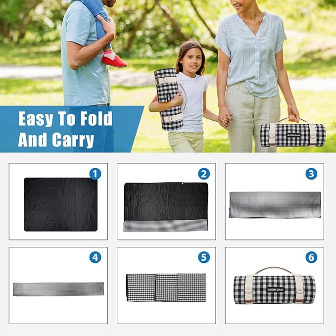 Picnic Outdoor Blankets Waterproof Extra Large - Beach Mat Sand Free Foldable with Carry Strap | Portable Camping Blanket | Park Blanket for Grass Park, Hiking, Travel, Concerts, Indoor (Black)