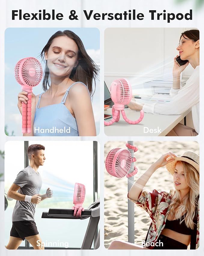 FRIZCOL Stroller Fan for Baby - Portable Fans Rechargeable - Battery Operated Fan(Use for 24Hrs) - Fans for Handheld/Clip On/Car Seat/Desk/Camping (Pink)
