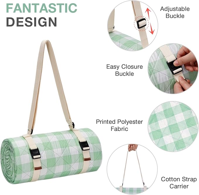 Picnic Blanket, 80''x80'' Waterproof Outdoor Blankets, Picnic Mat Washable for Beach, Picnic Blankets for Camping on Grass with Shoulder Strap - Green & White