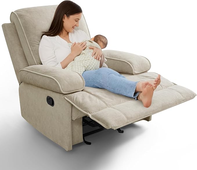 Nursery Rocking Chairs,Velvet Rocker Recliner Nursing Chair,Oversized Nursery Recliner Glider Chair with Extra Wide Footrest for Breastfeeding,Beige