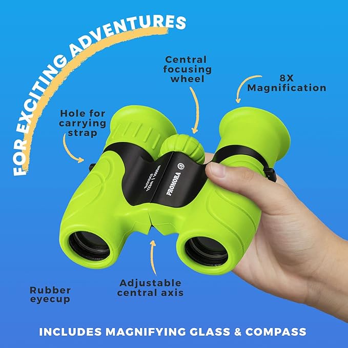 Promora Binoculars for Kids, Set with Magnifying Glass & Compass Purple - Perfect Toy for Little Boys and Girls, Kids Binoculars for 3-12 Years Boys and Girls Present for Toddler