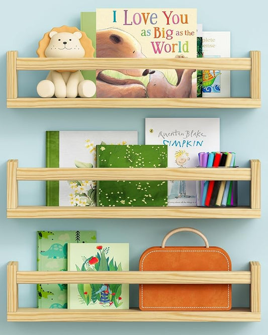 Floating Nursery Book Shelves for Wall, Natural Wood Wall Bookshelf for Kids Room Bedroom, Small Wooden Hanging Baby Book Shelf and Toy Organizer for Nursery Girl Boy Toddler Child - Set of 3