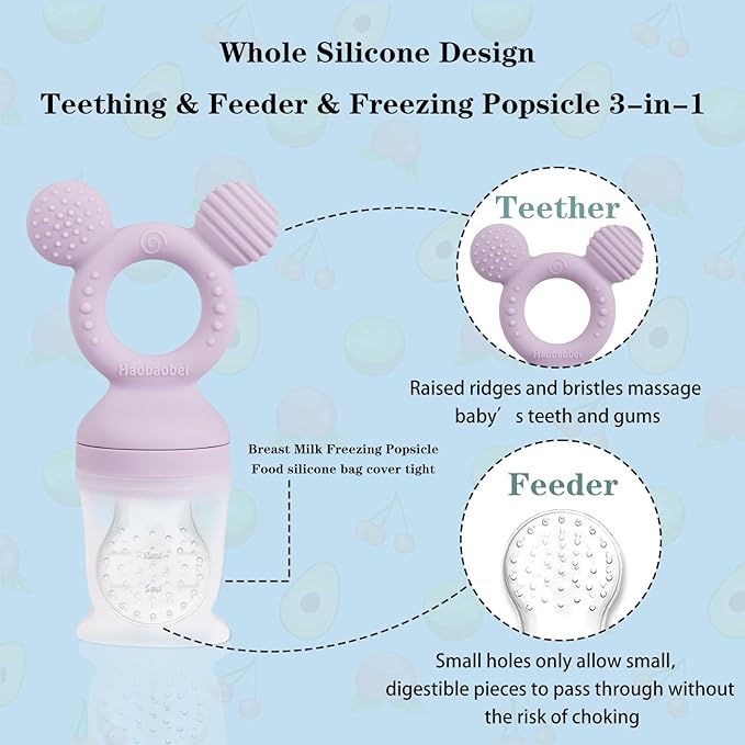 Baby Fruit Feeder, Frozen Teething Toys for Babies, Teether Pacifier with 3 Extra Teats, Eating Essentials, BPA Free Baby Feeding Supplies (Lavender)