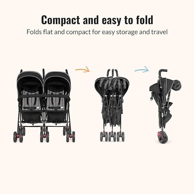 Dream On Me Volgo Twin Umbrella Stroller in Black, Lightweight Double Stroller for Infant & Toddler, Compact Easy Fold, Large Storage Basket, Large and Adjustable Canopy