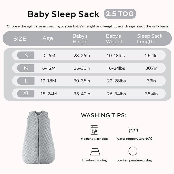 JELLYMONI Baby Sleep Sack TOG 2.5, 0-6 Months Winter Baby Wearable Blanket, 100% Cotton Infant Sleeping Sack 2-Way Zipper Warm Quilted Sleepsack