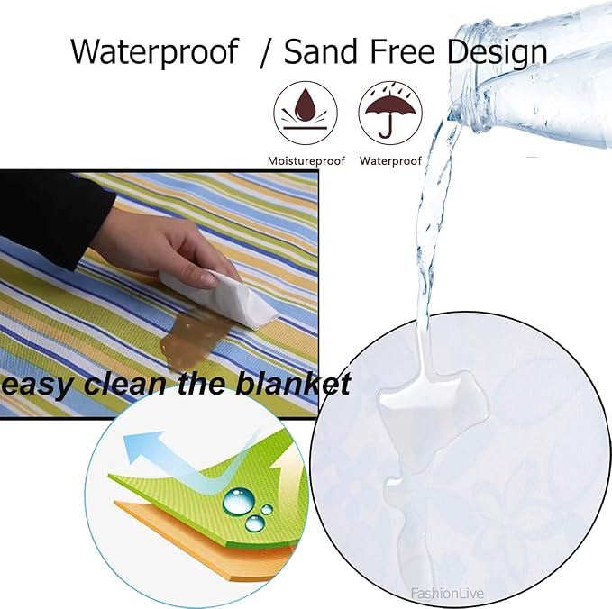 Beach Blanket Picnic Blanket Outdoor Mat Extra Large Waterproof Sand Proof Camping Blanket Lightweight Folding Portable Travel Blanket for Family Park Beach Grass, 79"x57"