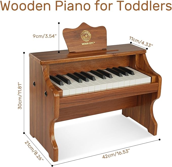 Wood City Wooden Piano Toys (25 Keys) Mini Music Educational Instrument Toy Toddler Baby Kids Piano Keyboard with Music Stand and Color Coded Keyboard Stickers for 3-7 Year Old