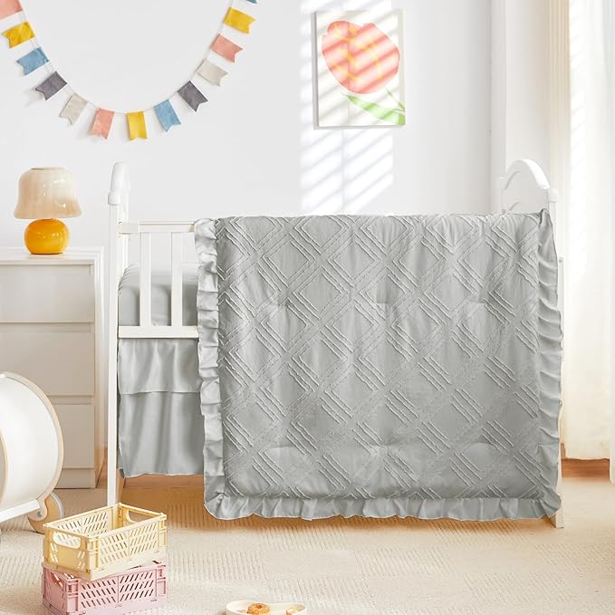 Tufted Ruffle Crib Bedding Set 3 Pieces Baby Girls Boys Boho Quilted Comforter with Fitted Sheet and Bed Skirt - Cute Ruffled Shabby Chic Baby Bedding Soft Blanket Design Light Gray