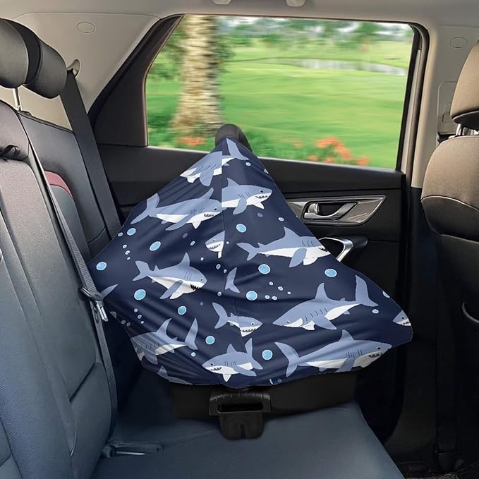 Binienty Cartoon Shark Print Car Seat Canopies for Baby Boys Girls, Women's Light Soft Nursing Cover Breastfeeding Scarf Breathable Stroller Cover for Sun and Windy