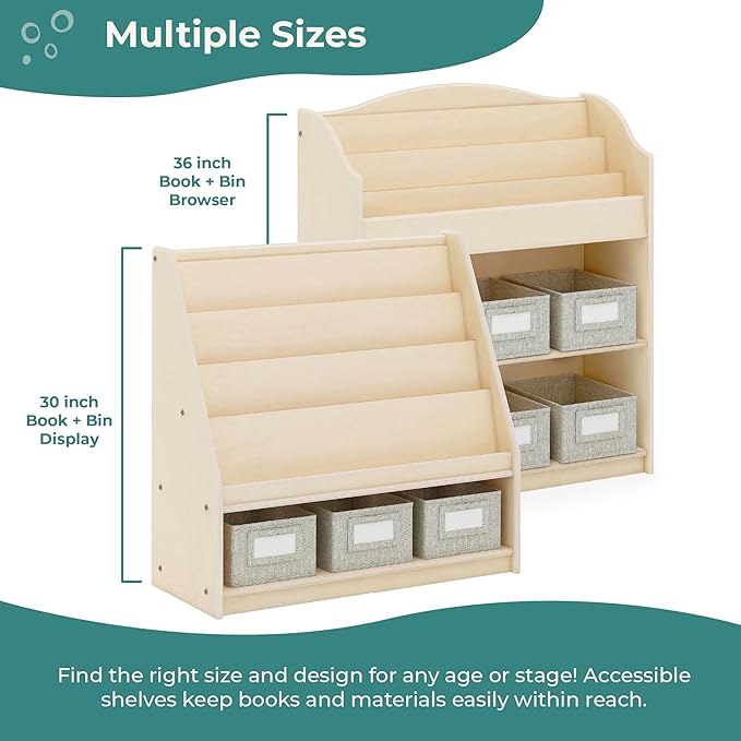 Guidecraft EdQ Book and Bin Display Natural with 3 Fabric Storage Bins: Wooden Multi-Purpose Bookcases and Toy Storage Organizer; Homeschool and Classroom Furniture