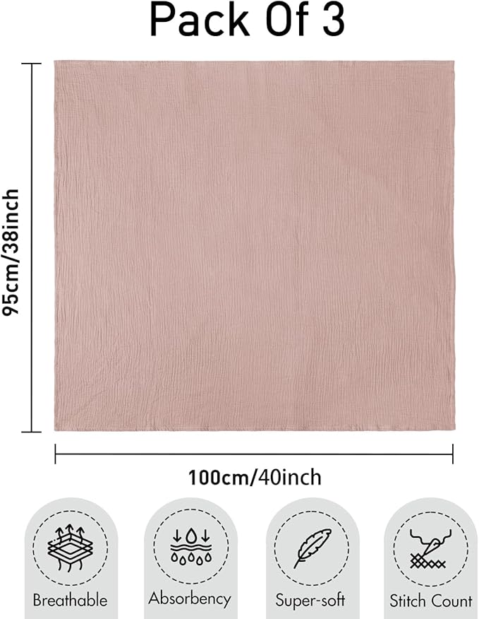 Muslin Swaddle Blankets for Newborn, 3 Pack Breathable Soft Receiving Blanket, Large 38 x 40 inches Swaddle Wrap Burping Clothes Diapers, Essentials Infant Shower Items, Toddler Gift (Gentle Colors)