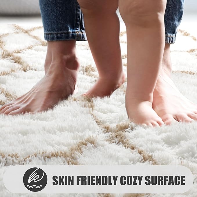 ONASAR 8x10 Area Rugs for Living Room, Fluffy White and Beige Bedroom Rug, Washable Geometric Boho Large Soft Plush Shaggy Fuzzy Floor Carpet for Nursery Kids Classroom Playroom Dorm Home Decor