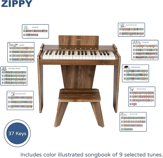 ZIPPY Kids Piano Keyboard, 37 Keys Digital Piano for Kids, Touch Sensitive Control Panel, Built-in Songs, Volume Adjustable, Music Educational Instrument, Wood Piano for 3+ Girls and Boys(Walnut Plus)
