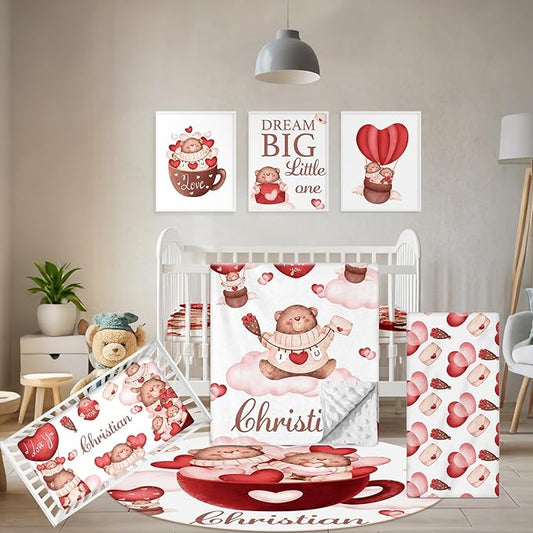 Custom Crib Bedding Set, 5 Pcs Personalized Name Nursery Bedding Set with Double Layer Flannel Blanket, Heart & Bear Baby Crib Set for Girls Boys, Customized Gifts for Infants Babies Toddlers