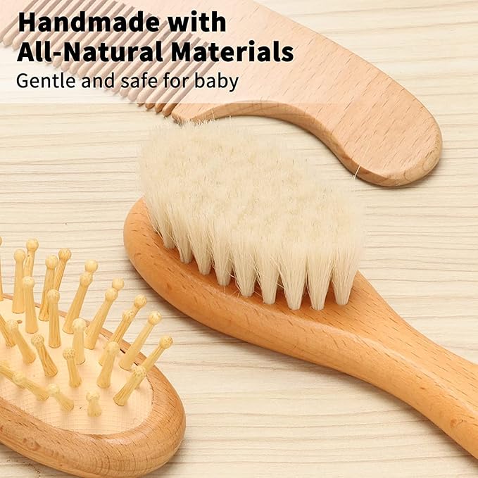 Goat Baby Hair Brush Set, Wooden Comb Massage Scalp Comb, Safe Natural Hair Care Kit, Soft Silicone Bath Brush for Newborns Toddlers (Brush Set+ Green Massager) (Brush Set+ 4)