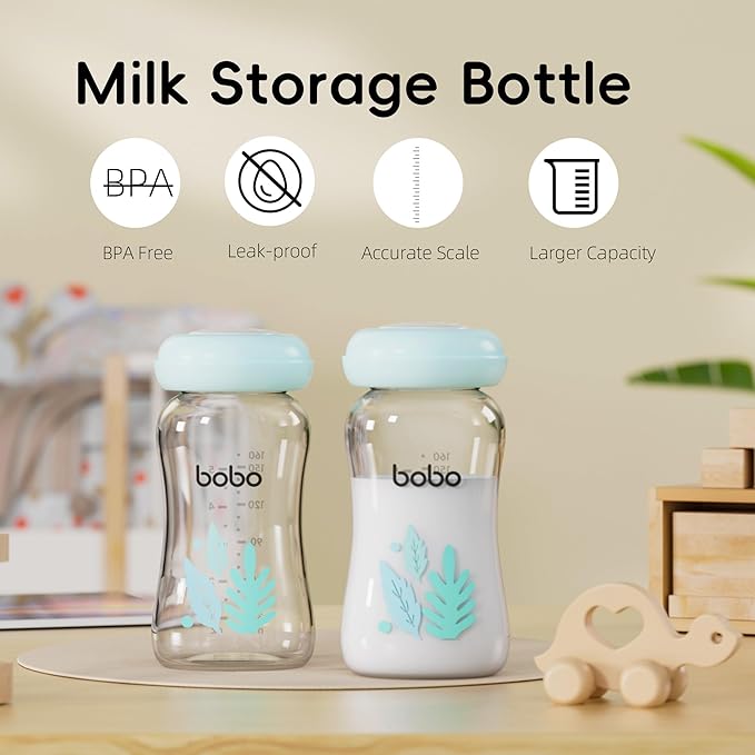 YOHKOH Glass Breast Milk Storage Bottles - 100% Leak-Proof, BPA-Free Breastmilk Storage Containers, Freezer & Dishwasher Safe, Ideal for Nursing Mothers (Blue, 5.4oz (Pack of 6))