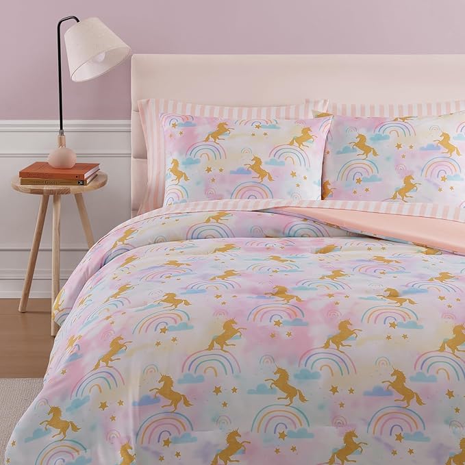 Twin Comforter Set with Sheets for Girls-5 Pieces Twin Bedding Sets with Pink Comforter, Sheets, Pillowcase & Sham for Kids (Gold Unicorn, 66" X 86")