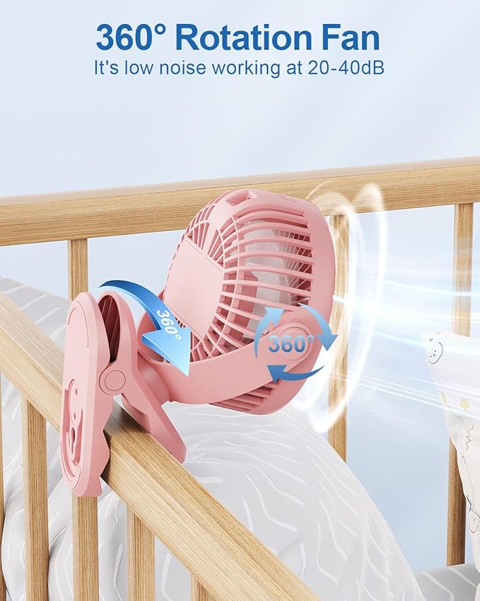 SWEETFULL Portable Clip on Fan - Battery Operated Stroller Fan, 4000mAh Small Rechargeable Fans with LED Display, 4 Speeds, Mini Personal Cooling Desk Cooler for Golf Cart Travel Camping Gym (Pink)