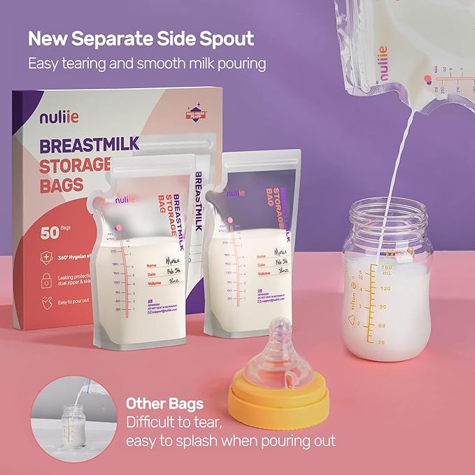 Nuliie 50 Pcs Breastmilk Storage Bags, 8 OZ Breast Milk Storing Bags, BPA-Free, Milk Storage Bags with Pour Spout for Breastfeeding, Self-Standing Bag, Space Saving Flat Profile