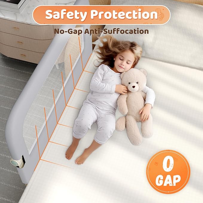 Bed Guard Rail for Toddlers - 47inch Foldable & Adjustable Height Baby Bed Safety Side Rails - Large Toddler Crib Railing Guard for Twin, Bunk, Full Size, Queen & King, Full Size Bed Grey