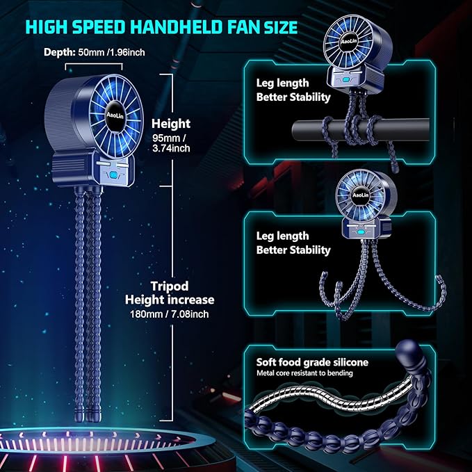 2 Pack Multifunctional Portable Stroller Fan 4 Speed 6600rpm High Speed Usb Rechargeable Personal Mini Handheld Fan Extended Tripod For Desktop Winding Kids Bed Treadmill Bike Golf Cart Outdoor Travel