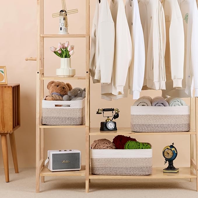 Large Storage Baskets for Organizing, Closet Shelf Baskets for Clothes Blanket Towels, Baby Nursery, Toy Bins Box, Woven Rope Basket, 17 x 13 x 7.5”, 3 Packs Gradient Brown