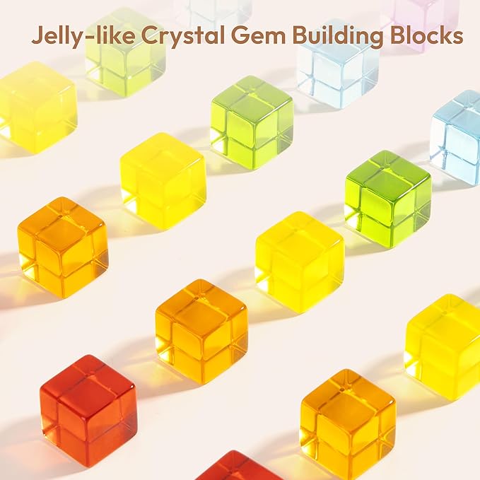 Wooden Building Blocks Set for Kids, 24 PCS Rainbow Gem Cubes Stacking Blocks - 2 Wood House, Montessori Stacking Toy for Toddlers, Educational STEM Learning Toy for Boys Girls 3-6