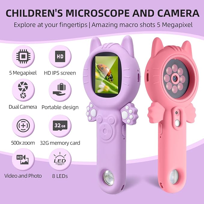 Kids Microscope–500X Digital Pocket Handheld Microscope with Dual Cameras, Autofocus & 32GB Card STEM Educational Toy & Christmas Birthday Gift for Boys & Girls Ages 3 4 5 6 7 8 9 10(Pink)
