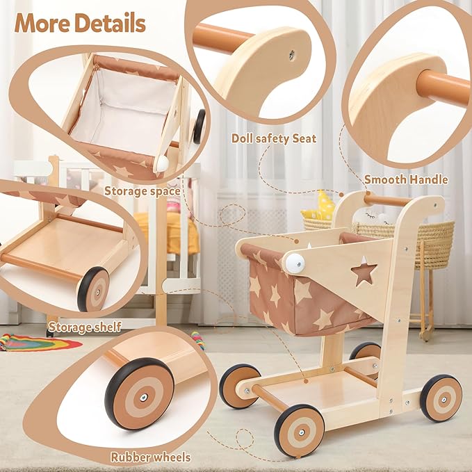 Asweets 2 in 1 Wooden Baby Walker Push and Pull Doll Stroller, Shopping Cart Learning Walker for Boys and Girls, Sit Stand Learning Toddler Toy (Brown)
