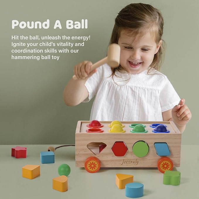 Shape Sorter - Wooden Pound A Ball and Montessori Number Puzzle Set for Babies - Educational Sorting Game with Storage Car for Toddlers