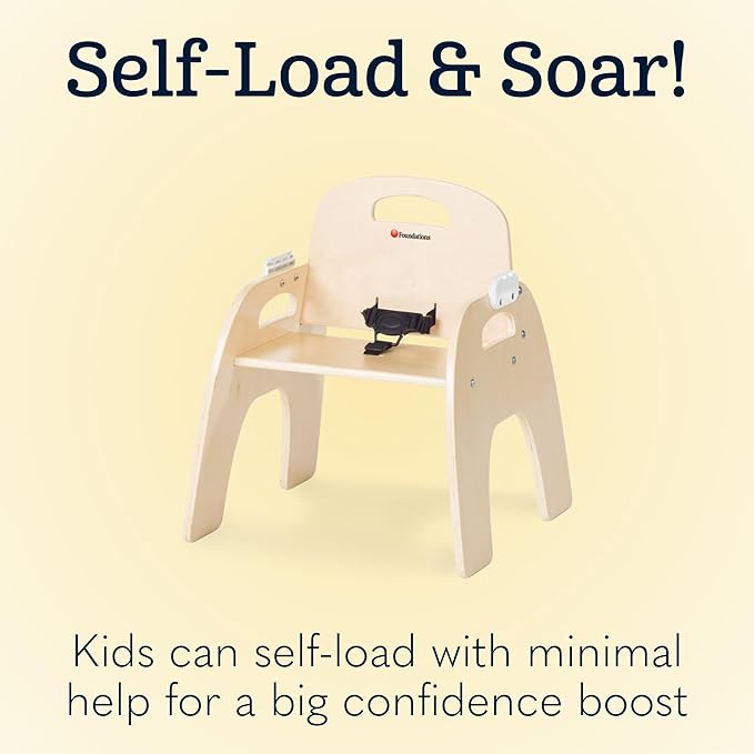 Foundations Easy Serve Low Wood Feeding Chairs Multipack, Adjustable Harness, Removable Dishwasher Safe Tray, No-Tip Base, Stackable Toddler Chairs, 2 Pack (11 inch)