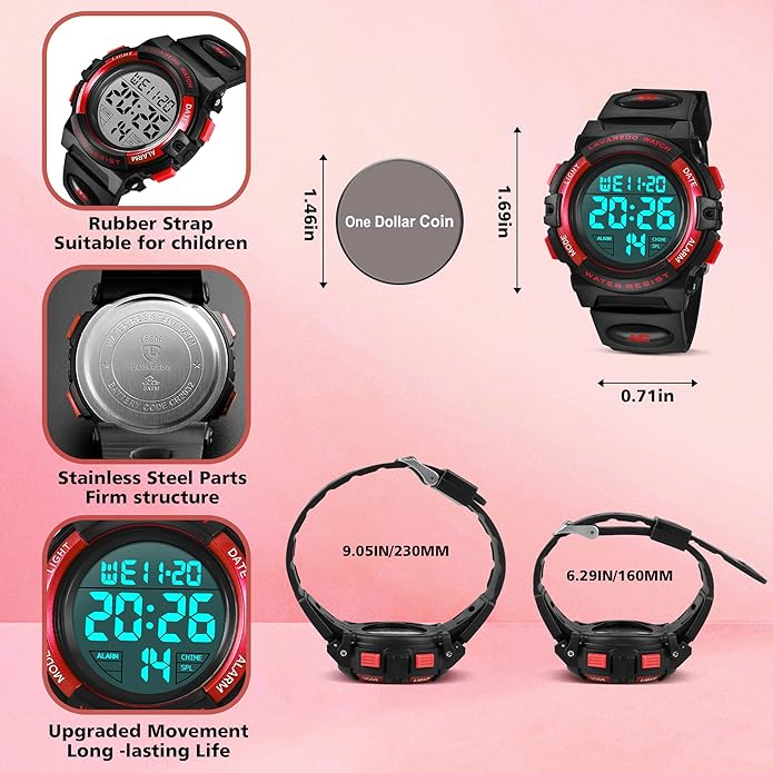 Kids Watch,Boys Watch for 3-15 Year Old Boys,Digital Sport Outdoor Multifunctional Chronograph LED 50 M Waterproof Alarm Calendar Analog Watch for Children with Silicone Band,Kids Gift