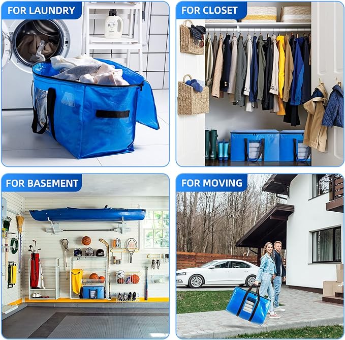 TAILI Extra Large Moving Bags, 6 Pack Blue Heavy Duty Totes For Storage with Visible Window, Wrap Around Handles, Storage Bags for Space Saving, Alternative to Moving Boxes