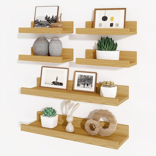 Axeman Picture Ledge Shelf, Floating Shelves for Wall Decor Storage Set of 6, 16 inch Floating Wall Mounted Shelves, Wall Shelves with Lip for Living Room, Bedroom, Nursery, Bathroom, Kitchen, Oak