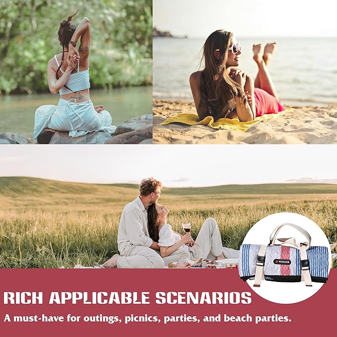 Waterproof Picnic Mat, Outdoor Camping Oversized Field Blanket. Portable Thickened Camping Blanket, Suitable for Beach, Camping, Music Festival, Party, Outdoor Adventure. (Red&Blue&White, 80”x60”)