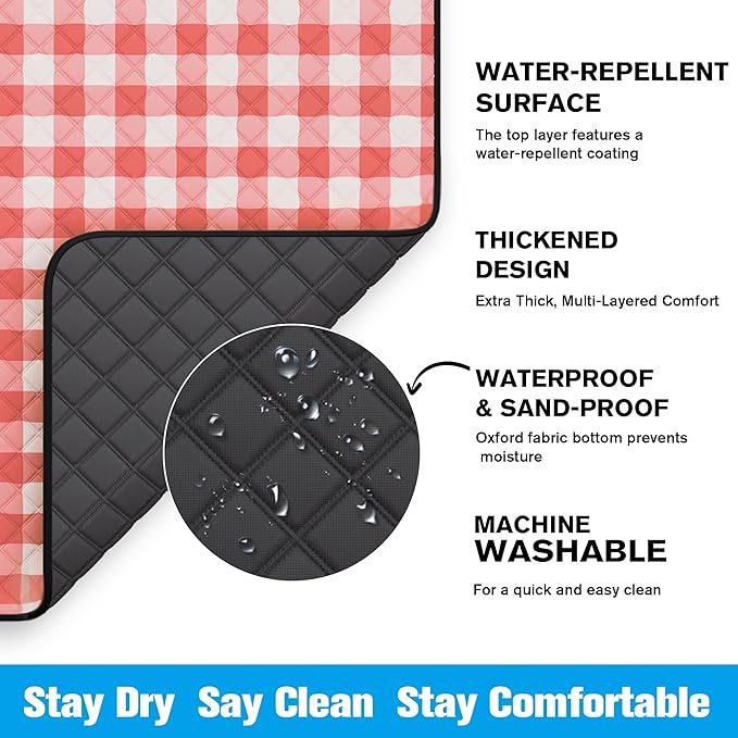 TigeJoy Extra Large Picnic Blanket Waterproof Foldable 60''x80'', Outdoor Picnic Mat Beach Blanket Sandproof for Park, Grass, Travel, Hiking, Camping Essentials, Gingham Picnic Blanket