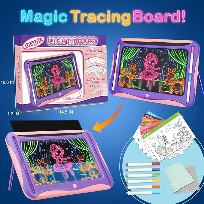 Magic LED Drawing Board for Kids, Girls Toys Age 6-8, Light Up Tracing Pad with 9 Double-Sided Cards, 6 Washable Markers, Arts & Crafts Kits Learning Toy Glow Up Doodle Board Christmas Birthday Gifts