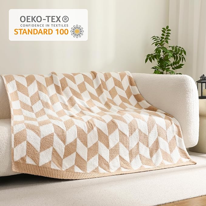 Snuggle Sac Beige Twin Size Blankets for Bed, Super Soft Warm Blankets Oversized Cozy Knit Fuzzy Blanket for Living Room, Chevron Beige,60x80 inches