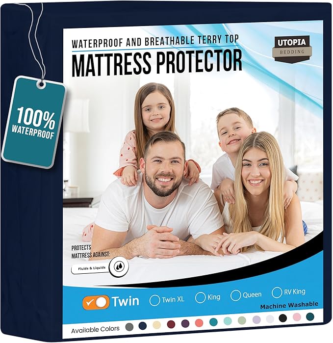 Utopia Bedding Waterproof Mattress Protector Twin Size, Premium Terry Mattress Cover 200 GSM, Breathable, Fitted Style with Stretchable Pockets (Navy)