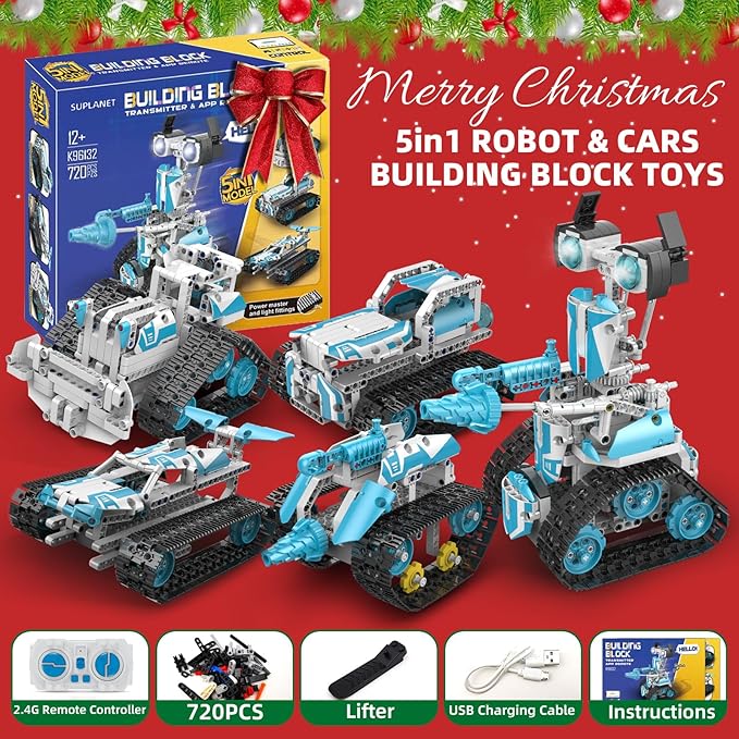 STEM Robot for Kids Ages 8-14, 5-in-1 Remote Control and APP Programmable Robot Toys - 720 Pcs DIY Building Science Educational Kit, Building Block Birthday Present for Teen Boys Girls