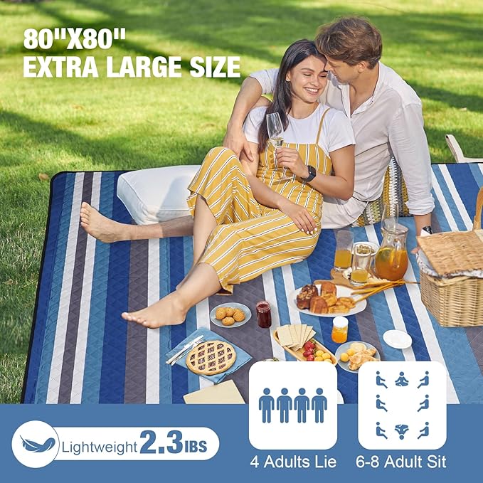 Picnic Blankets Outdoor Extra Large - 80"x80" Waterproof Beach Blanket, Machine Washable 3-Layer Foldable Park Mat with Sandproof Backing for Grass, Hiking, Travel, Concerts, Indoor (BlueStrip)