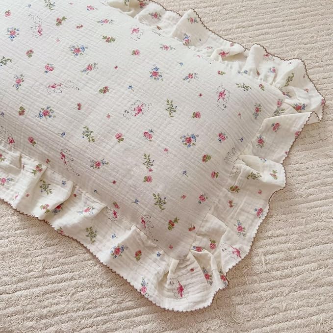 BuLuTu 100% Cotton Standard Pillow Case for Kids, 1 pc, 20"x26", Pink Floral Sheep Design Pillow Cover Muslin Gauze Pillow Protector for Children Girls Boys Bedding Gift, Envelope Closure