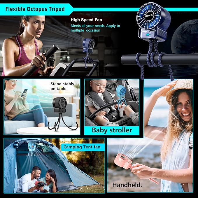 2 Pack Multifunctional Portable Stroller Fan 4 Speed 6600rpm High Speed Usb Rechargeable Personal Mini Handheld Fan Extended Tripod For Desktop Winding Kids Bed Treadmill Bike Golf Cart Outdoor Travel