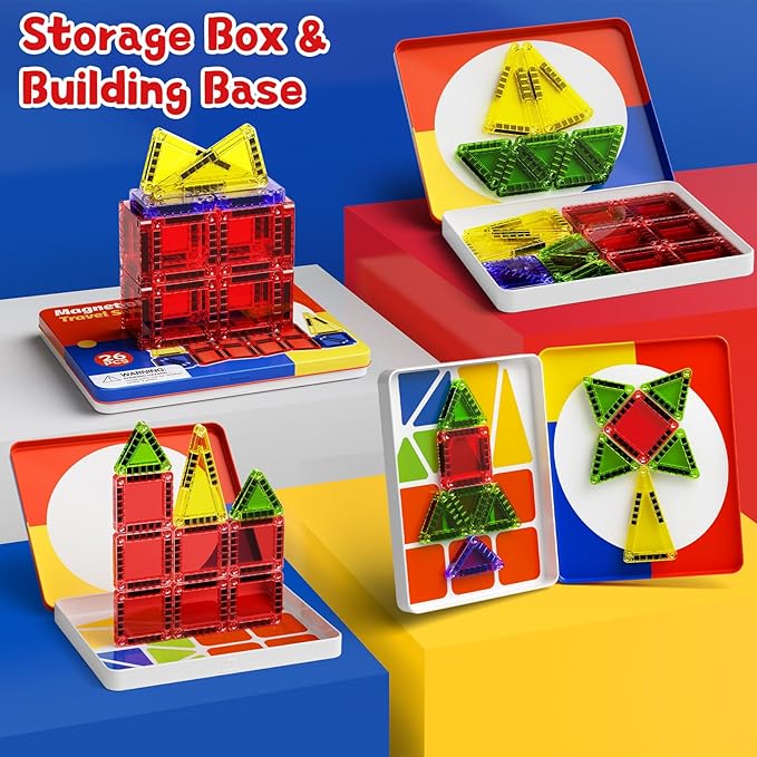 Magnetic Tiles Travel Toys with Storage Case, Portable STEM Building Blocks for 3-8 Year Olds, Toddler Airplane Activities & On-The-Go Birthday Gift for Boys & Girls