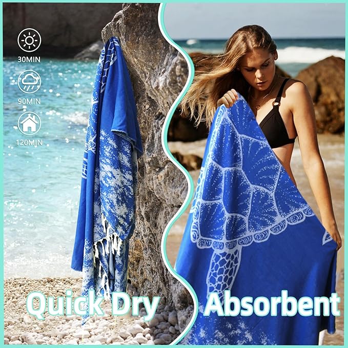 Oversized Turkish Beach Towel Blanket Cotton Giant XL Sandproof Towels Huge Linen XXL Extra Large Big Throw Quilt Blankets for Adults Blue Turtle