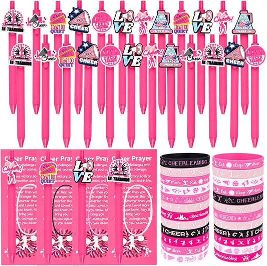 LiYiQ 72 Pcs Cheerleader Party Favors Cheerleader Team Gifts Cheerleader Goodie Bags Stuffers Cheerleader Ballpoint Pens Bookmark Card and Silicone Bracelet