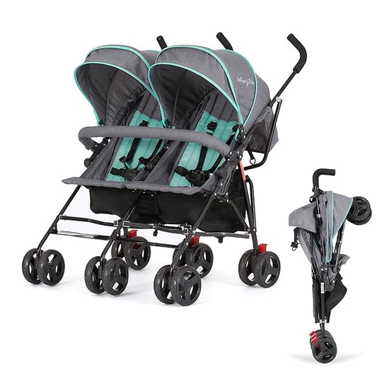 Dream On Me Volgo Twin Umbrella Stroller in Mint, Lightweight Double Stroller for Infant & Toddler, Compact Easy Fold, Large Storage Basket, Large and Adjustable Canopy